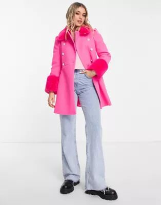 Miss Selfridge faux fur collar and cuff dolly coat in bright pink | ASOS (Global)