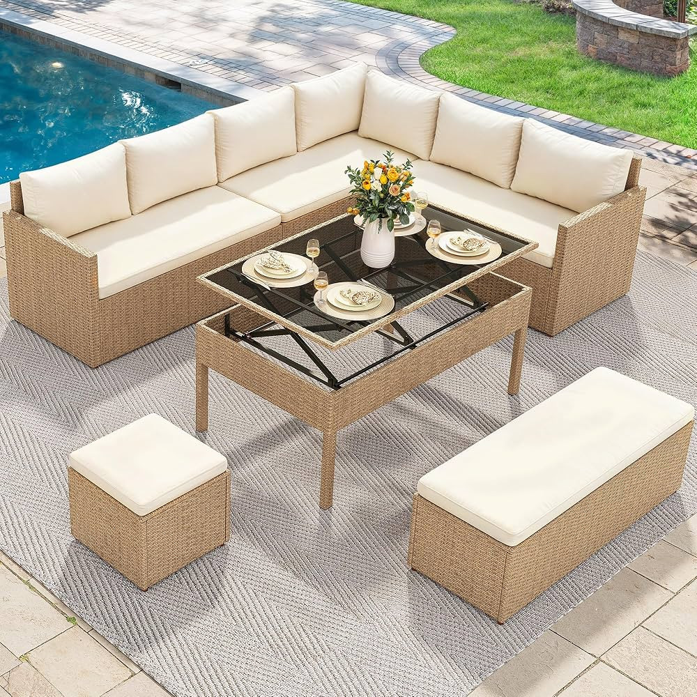 YITAHOME 6-Piece Patio Furniture Set, All-Weather Wicker Outdoor Sectional Sofa with Lift-Top Tab... | Amazon (US)
