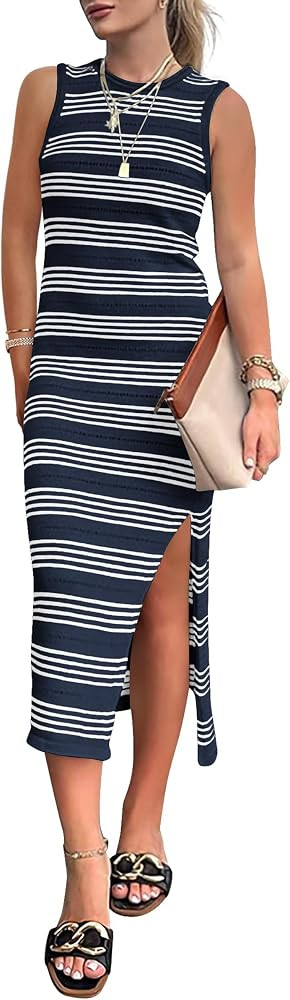 PRETTYGARDEN Summer Dresses for Women 2026 Casual Sleeveless Hollow Out Knit Side Slit Striped Be... | Amazon (US)