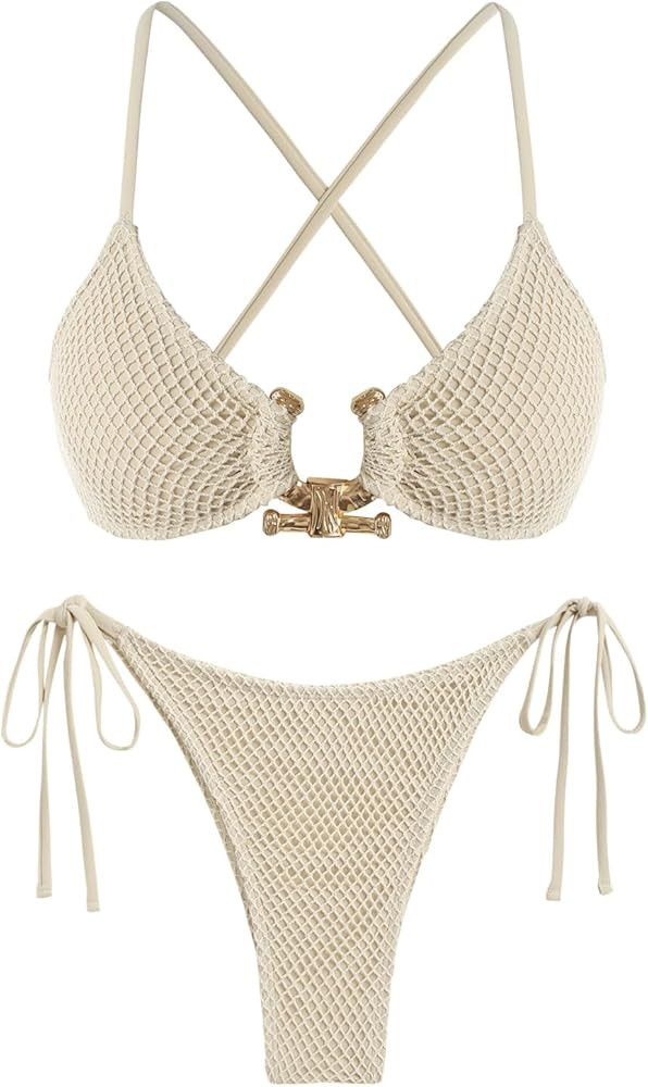 ZAFUL Women's Cutout Bikini Criss Cross Textured Metal High Leg Bikini Sets Cheeky Bikini Two Pie... | Amazon (US)