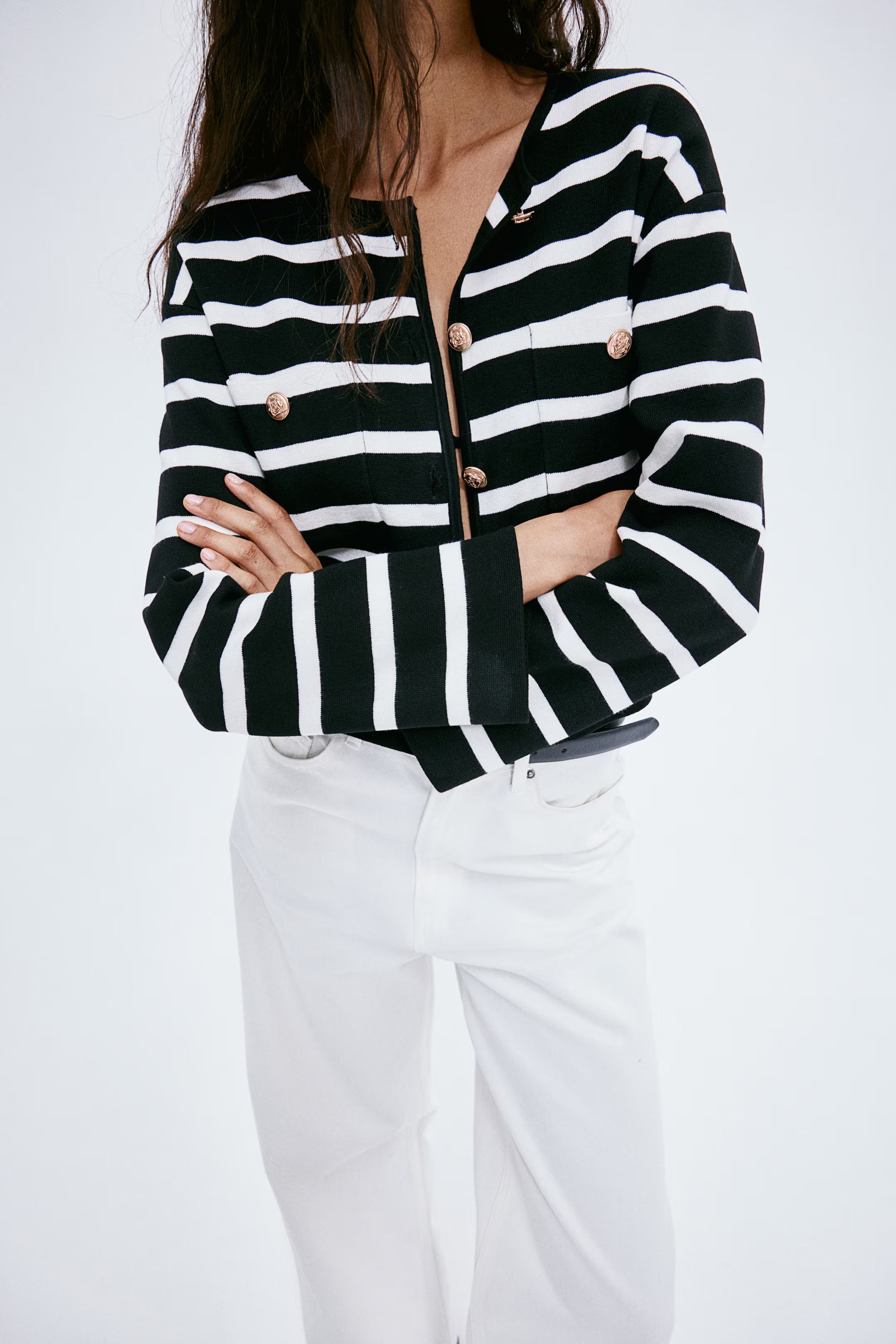 Pocket-Detail Cardigan - Round Neck - Long sleeve - Black/striped - Ladies | H&M US | H&M (US + CA)