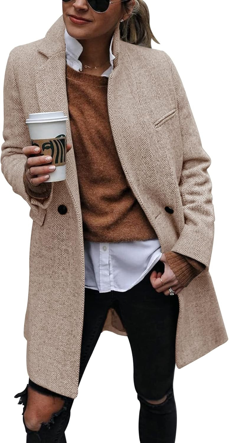 Amazon.com: Ebifin Women's Notch Lapel Double Breasted Trench Coat Peacoat Winter Casual Long Bla... | Amazon (US)