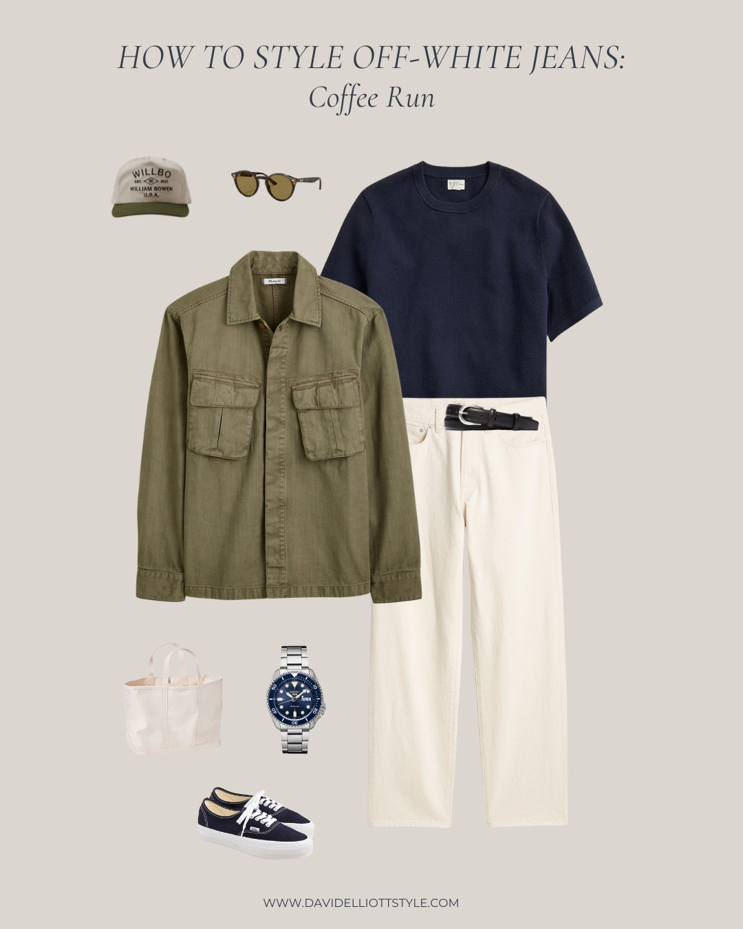How to style off-white jeans for a Saturday coffee run with an olive green utility jacket! 

 #LTKSeasonal #LTKMens