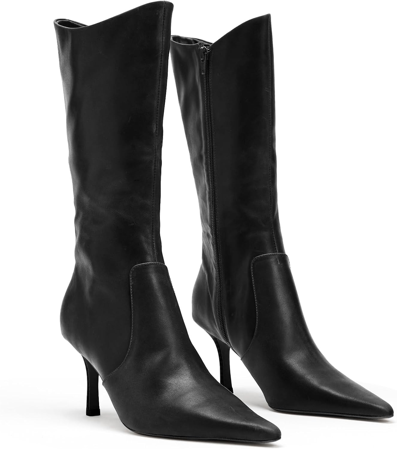 Coutgo Womens Mid Calf Boots Pointed Toe High Heel Long Boots Side Zipper Winter Dress Shoes | Amazon (US)