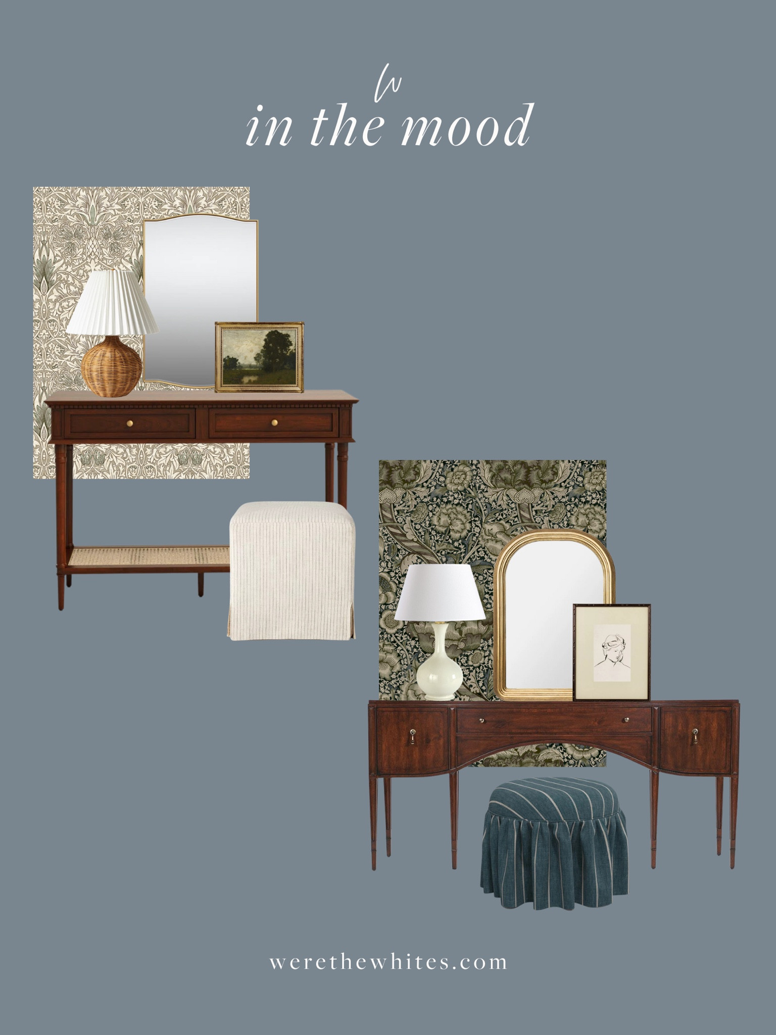 Console styling inspiration! I love the first option, as it has some traditional accents such as the slipcover ottoman and dark wood console, while introducing lighter costal elements with the gold and wicker. The second option is bold and traditional—with the most beautiful green and blue tones! 

#LTKStyleTip #LTKHome