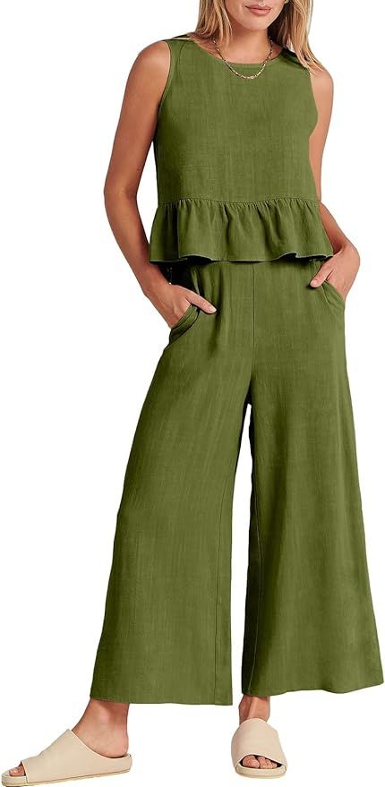 ANRABESS Women Summer 2 Piece Outfits Sleeveless Tank Crop Top Wide Leg Pants Linen Jumpsuits Lou... | Amazon (US)