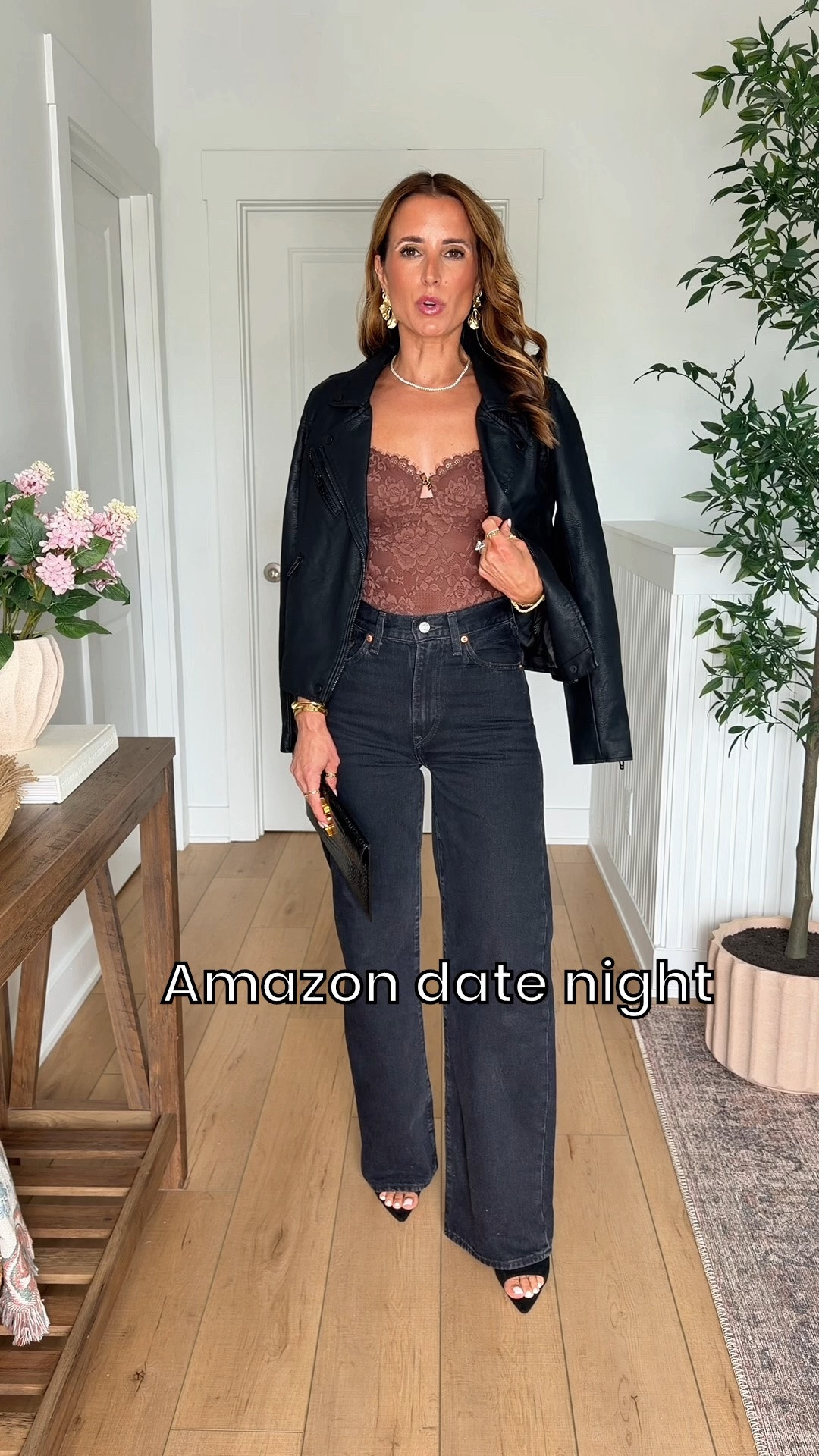 Amazon date night outfits. Amazon concert outfits. Amazon girls night out outfits. Amazon party outfit. Tummy control lace bodysuits with underwire and adjustable straps in XS. Cheeky coverage in the back and not a thong! Wide leg jeans in size 24, color is Rosie posie. These run long on me and I need a heel (usually wear them for date night for this reason). XS in moto jacket. Heels are TTS. YSL envelope clutch.

#LTKgrwm #LTKootd #LTKPetite