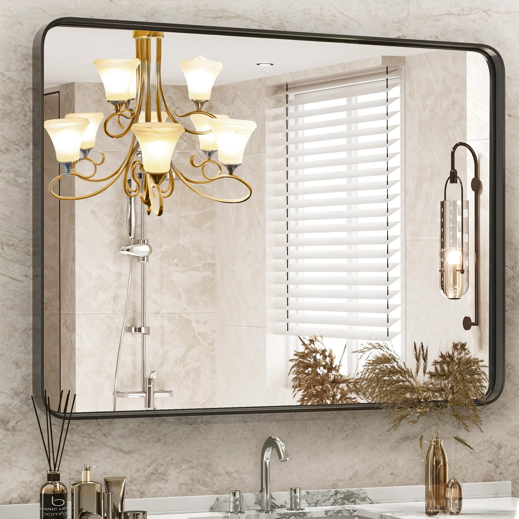 DUMOS Black Vanity Bathroom Mirror for Wall, Metal Framed Rounded Rectangular Modern Mirrors for ... | Amazon (US)