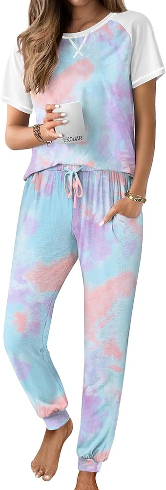 Ekouaer Womens Pajama Sets Summer Tie Dye Pj Set Sleepwear Softies Loungewear Set for Women with ... | Amazon (US)