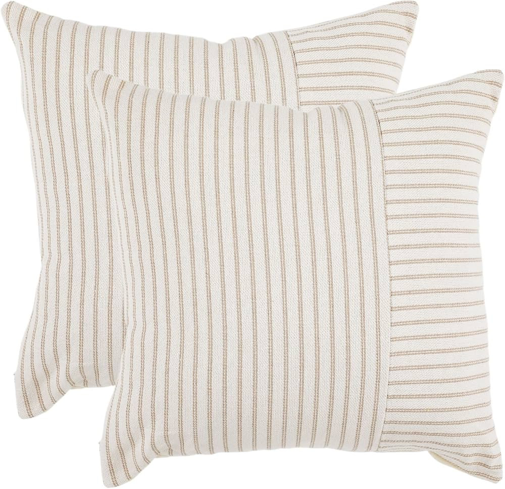 BOYSUM Khaki and Beige Throw Pillow Covers, 18x18 Farmhouse Pillow Covers Striped Throw Pillow Co... | Amazon (US)