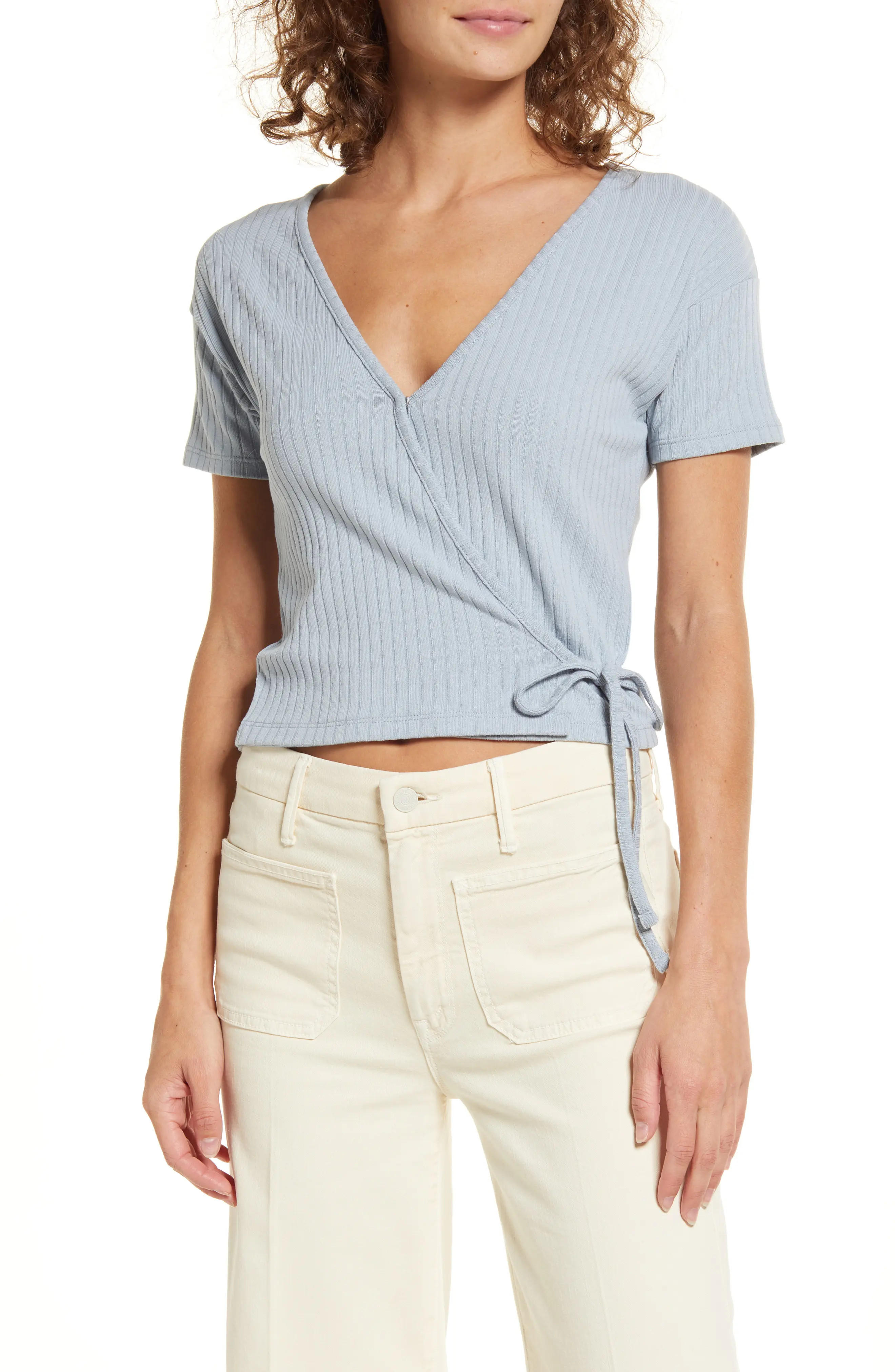 Madewell Ribbed Wrap Crop Top in Dusty Pool at Nordstrom, Size X-Large | Nordstrom