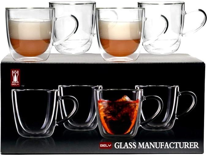 Bely Strong Double Wall Insulated Glass Coffee Mugs,Set of 4,12 oz,Clear Glass Coffee Tea Cups Wi... | Amazon (US)