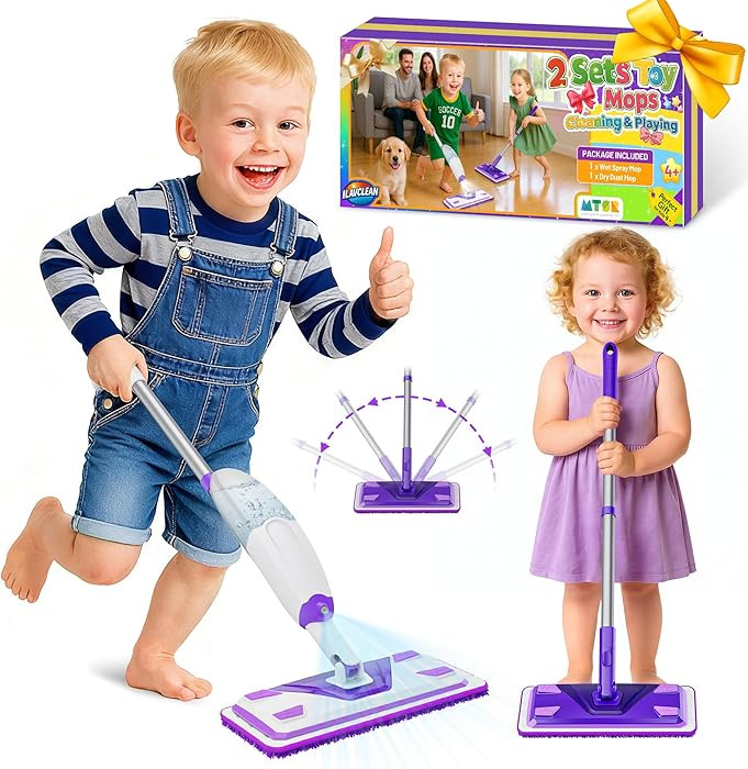 2 Set Toy Mop for Kids - Toddler Real Spray Mop and Flat Floor Mop Montessori Cleaning Toy Set, E... | Amazon (US)