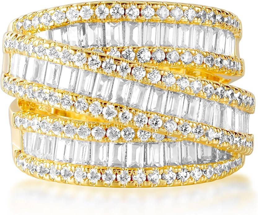 MDFUN 18K White Gold/Yellow Gold Plated Halo Wedding Eternity Ring for Women, 3 Rows Emerald Cut ... | Amazon (US)