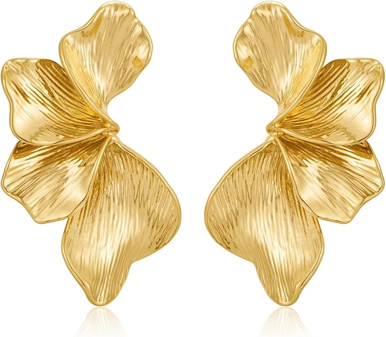 Chunky Gold Statement Earrings For Women Gold Plated Sectored Flower Leaf Shell Angel Wing Earrin... | Amazon (US)