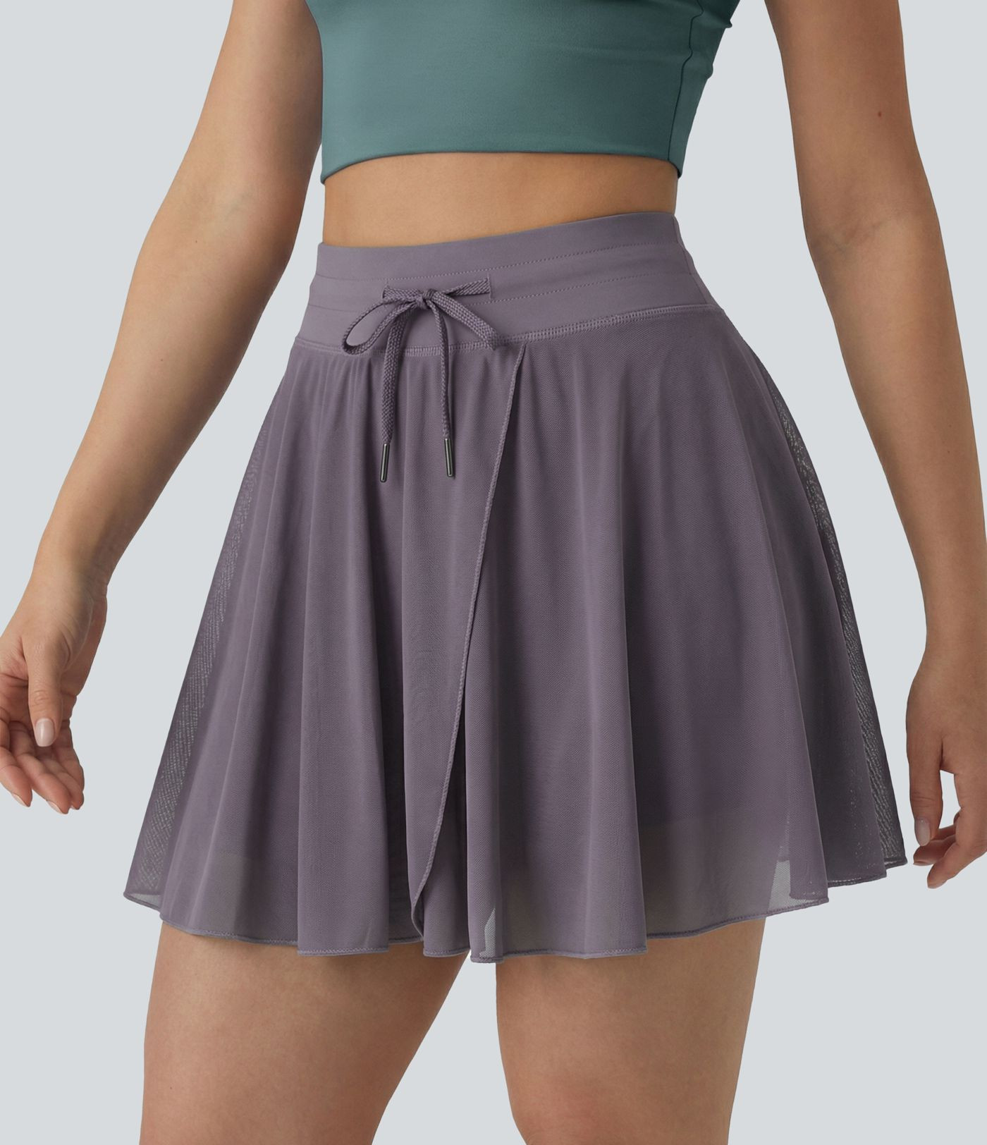 High Waisted Drawstring Contrast Mesh 2-in-1 Pocket Flowy Mini Flare Casual Skirt-Longer Length | HALARA