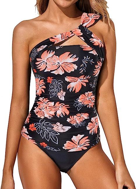 Tempt Me Two Piece Tankini Bathing Suits for Women One Shoulder Swim Top with Shorts Swimsuits | Amazon (US)