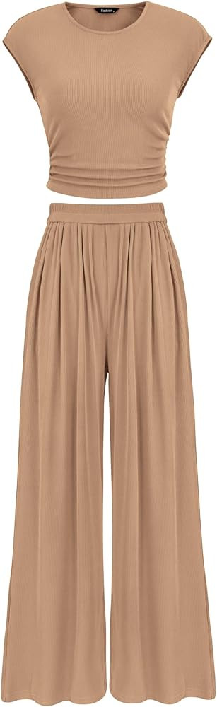 PRETTYGARDEN Women's Summer 2 Piece Outfits 2025 Cap Sleeve Ruched Slim T Shirt Ribbed Knit Wide ... | Amazon (US)