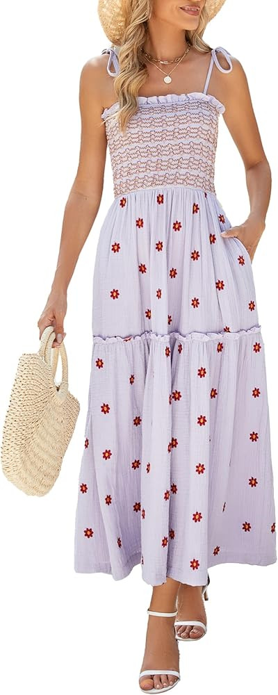 Women Floral Embroidered Maxi Dress Sleeveless Tie Shoulder Smocked Flowy Dress Boho Summer Sundr... | Amazon (US)