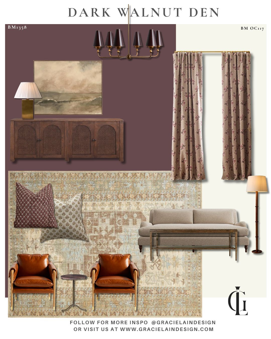 Some rooms simply invite you to stay. 🤎
Wrapped in Benjamin Moore's rich Dark Walnut, this den is layered with beautiful drapery, sumptuous leather, moody artwork, and warm brass lighting.
Cool. Moody. Elevated.
It's the perfect balance of modern and traditional—designed for cozy movie nights, quiet mornings with a book, and everyday moments that deserve a beautiful backdrop.
Sit back. Relax. Read a book. Watch a show. Add another chapter to your story.
Discover more timeless, layered interiors at gracielaindesign.com.
#GracielainDesign #InteriorDesign #BenjaminMoore #DarkWalnut #MoodyInteriors #CozyHome #ModernTraditional #InteriorStyling #LuxuryInteriors #HomeDesign #LayeredLiving #LivingRoomInspo #DenDesign #TimelessInteriors #BrassLighting #BlockPrint #LeatherFurniture #WoolRug #DesignInspiration #HomeDecor 

 #LTKHome #LTKSaleAlert