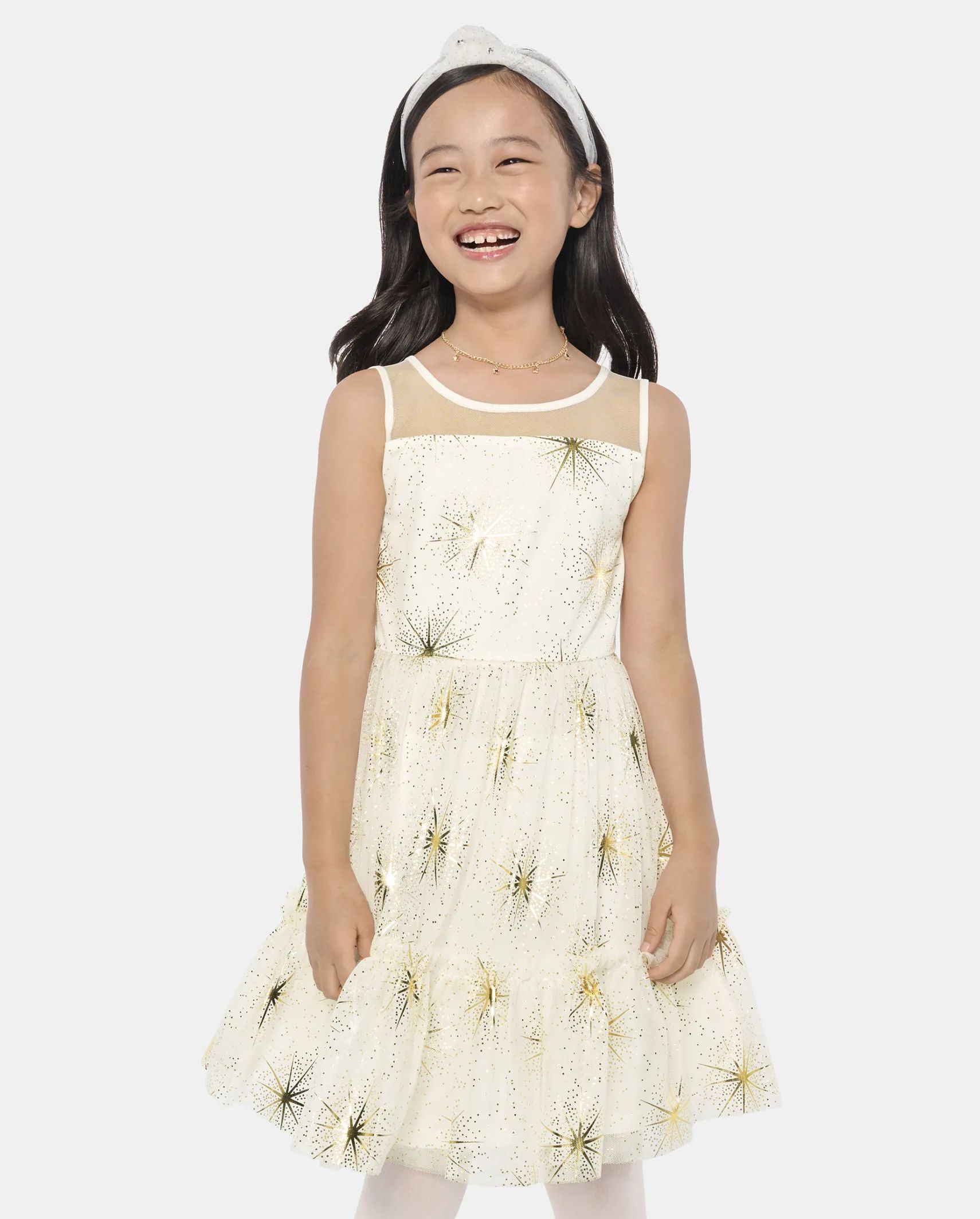 Girls Sleeveless Foil Star Print Mesh Woven Tiered Dress | The Children's Place  - BUNNYS TAIL | The Children's Place