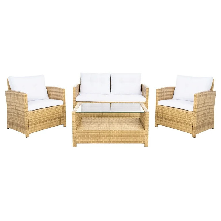 SAFAVIEH Vellor Outdoor Patio 4 Piece Conversation Set, Natural/White | Walmart (US)