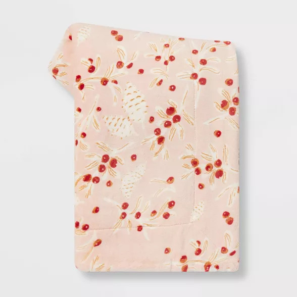 Holly Berry Printed Plush with Sherpa Reverse Christmas Throw Blanket Blush - Threshold™ | Target