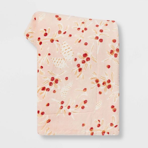 Holly Berry Printed Plush with Sherpa Reverse Christmas Throw Blanket Blush - Threshold™ | Target