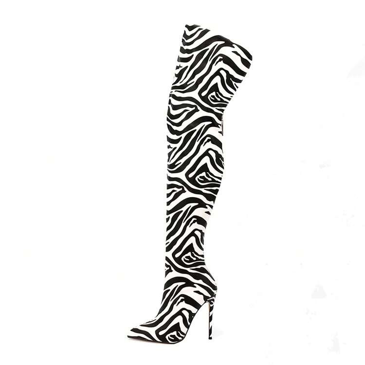 Zebra Boots For Women Stripe Back Zipper  Sexy Gold Silver White Pointed Toe Zebra Print Thigh Hi... | SHEIN