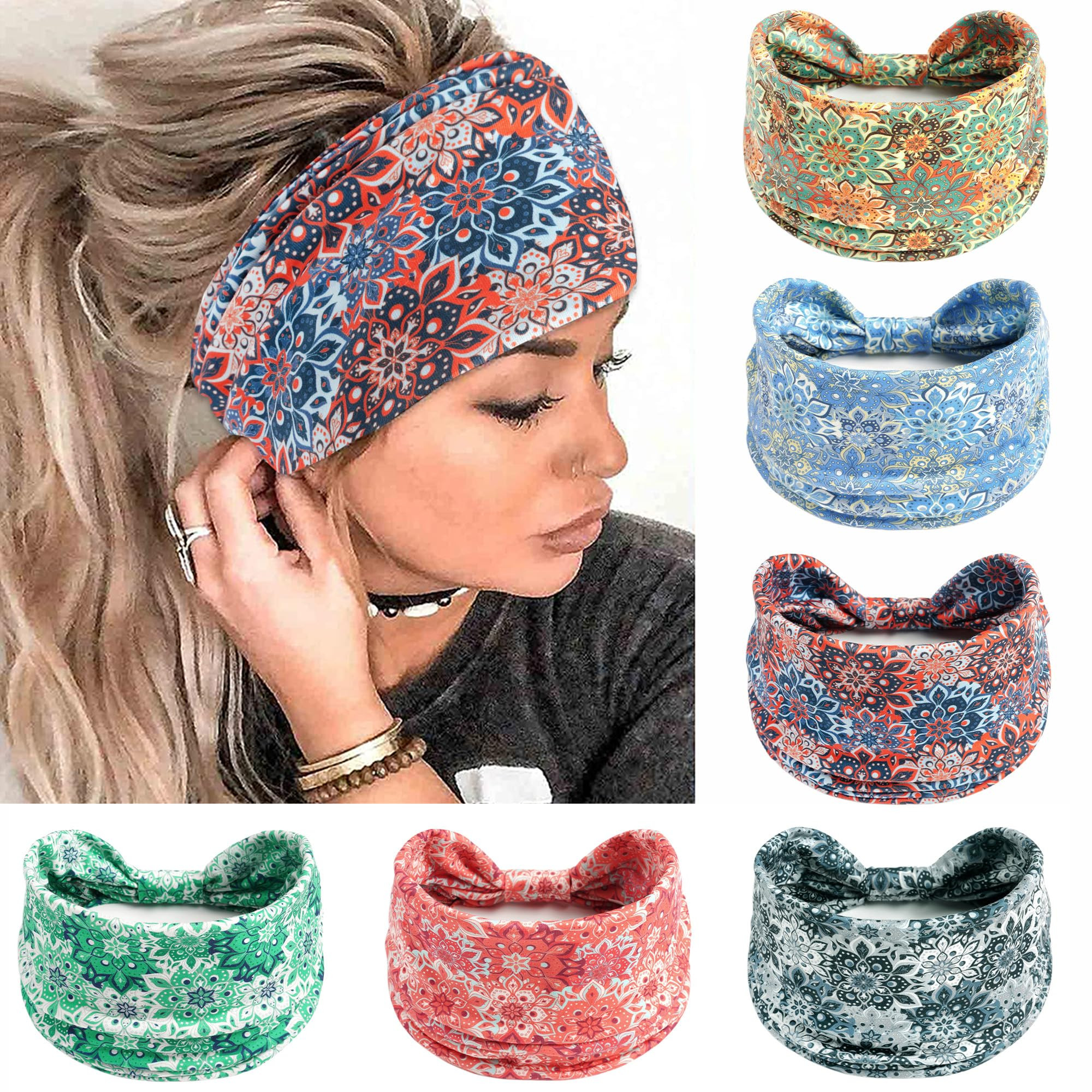 FULZTEY Boho Headbands Wide Head Bands for Women's Hair Fashion Floral Print Headwrap Thick Cloth... | Amazon (US)