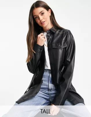 Topshop Tall long sleeve belted faux leather shirt in black | ASOS (Global)