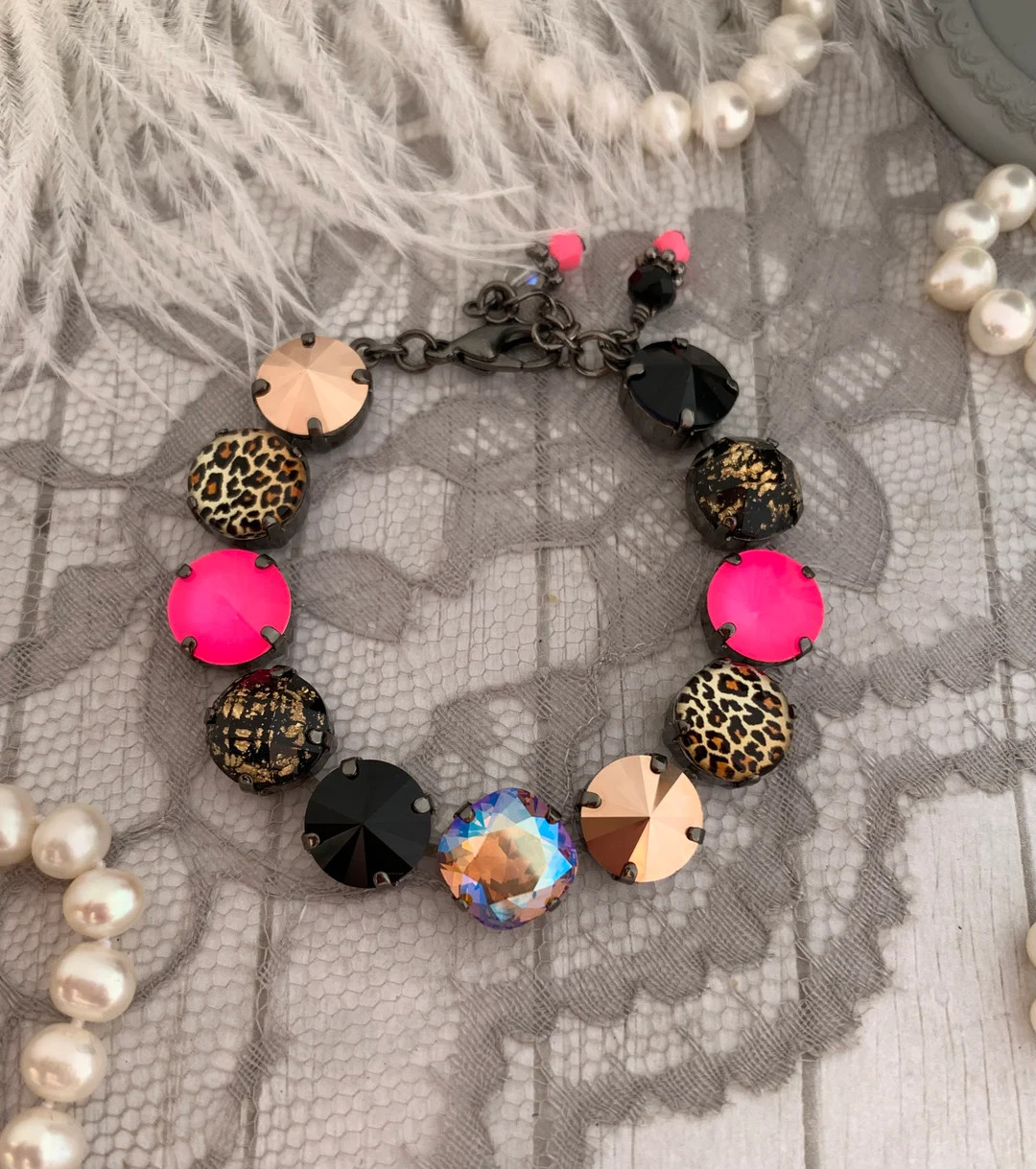 Neon Pink Crystal Bracelet, Electric Pink and Black, Black and Gold Rhinestone Jewelry, Leopard F... | Etsy (US)