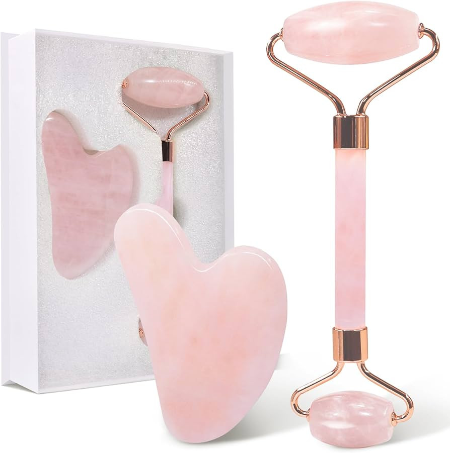 GUGUG Rosenquarz Roller und Gua Sha Stein, Natural Jade Roller for Facial Massage, Face Roller fo... | Amazon (DE)