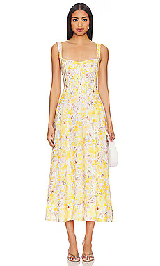 Bardot Lilah Corset Midi Dress in Yellow Floral from Revolve.com | Revolve Clothing (Global)