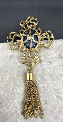 Vintage Cross Brooch Blue Glass Tassel Chain Gold Tone | eBay US