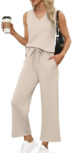 XIEERDUO Summer Outfits for Women Dressy Casual Two Piece Lounge Sets for Women Pajamas Vacation Travel Outfits Beige Petite XS | Amazon (US)