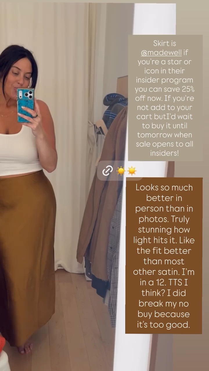 Absolutely love this satin maxi skirt from @Madewell — it’s even prettier in person. Will be 25% off to all insiders starting tomorrow 9/15! I’m in a size 12; runs true to size. Tip from a follower: Air dry only!

#LTKMidsize #LTKSaleAlert