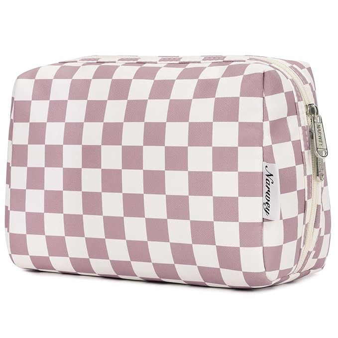 Narwey Checkered Makeup Bag Pink Travel Cosmetic Bag Organizer Toiletry Bag Make Up Bags with Com... | Amazon (US)