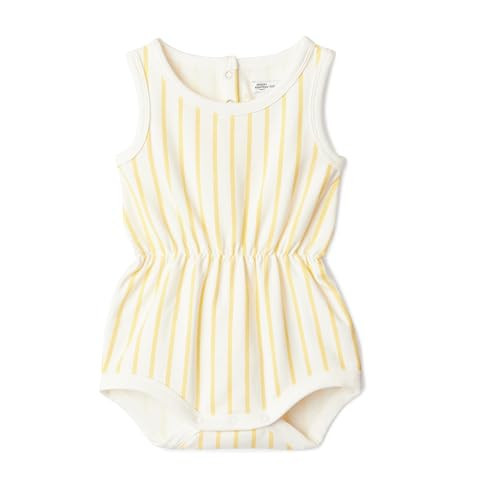 Amazon Essentials x Sofia Grainge Baby Girls' Lightweight French Terry Sleeveless Shorts Romper, Golden Yellow Uneven Stripe, 12 Months | Amazon (US)