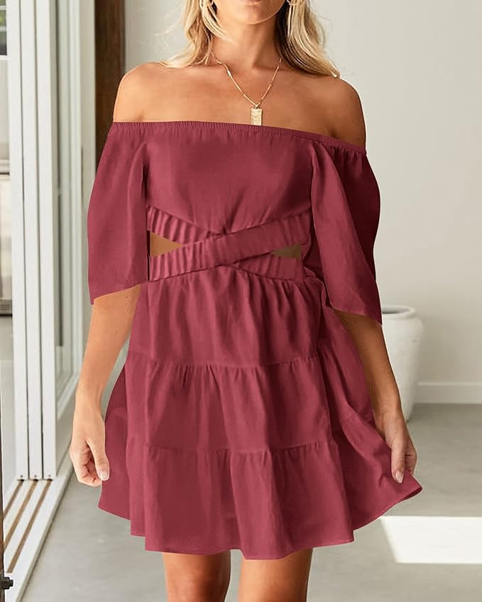 BTFBM Women Summer Dresses 2023 Square Neck Short Sleeve Cutout Crossover Waist Casual Party Tier... | Amazon (US)