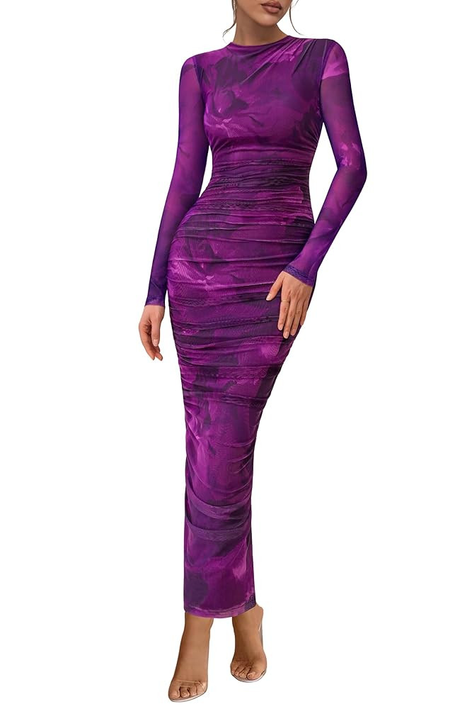 PRETTYGARDEN Women's Long Sleeve Maxi Dress 2025 Fall Ruched Bodycon Floral Mesh Formal Wedding G... | Amazon (US)
