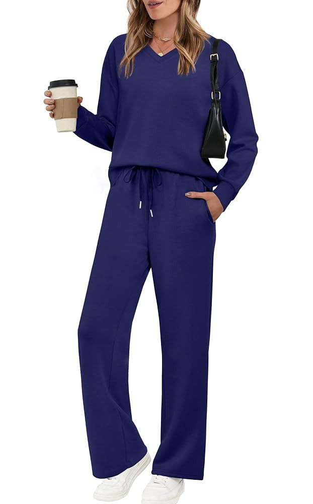 WIHOLL Lounge Sets for Women 2025 V Neck 2 Piece Outfits Airport Wide Leg Pants Matching Set Swea... | Amazon (US)