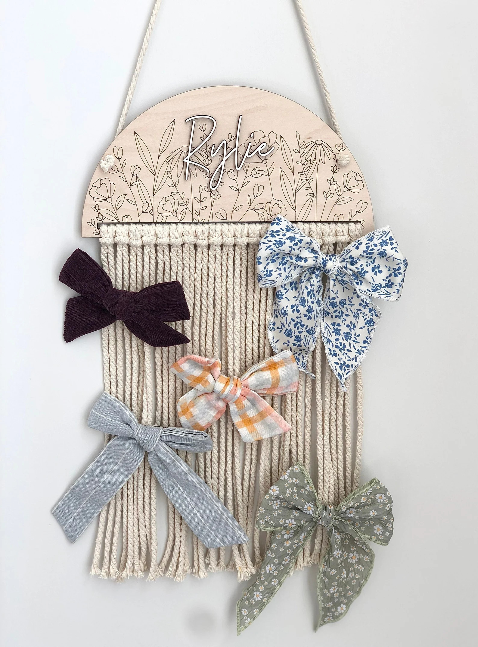 Macrame Personalized Clover & Wildflower Bow Holder | Baby Shower Gift | Nursery Decor | Girl Roo... | Etsy (US)