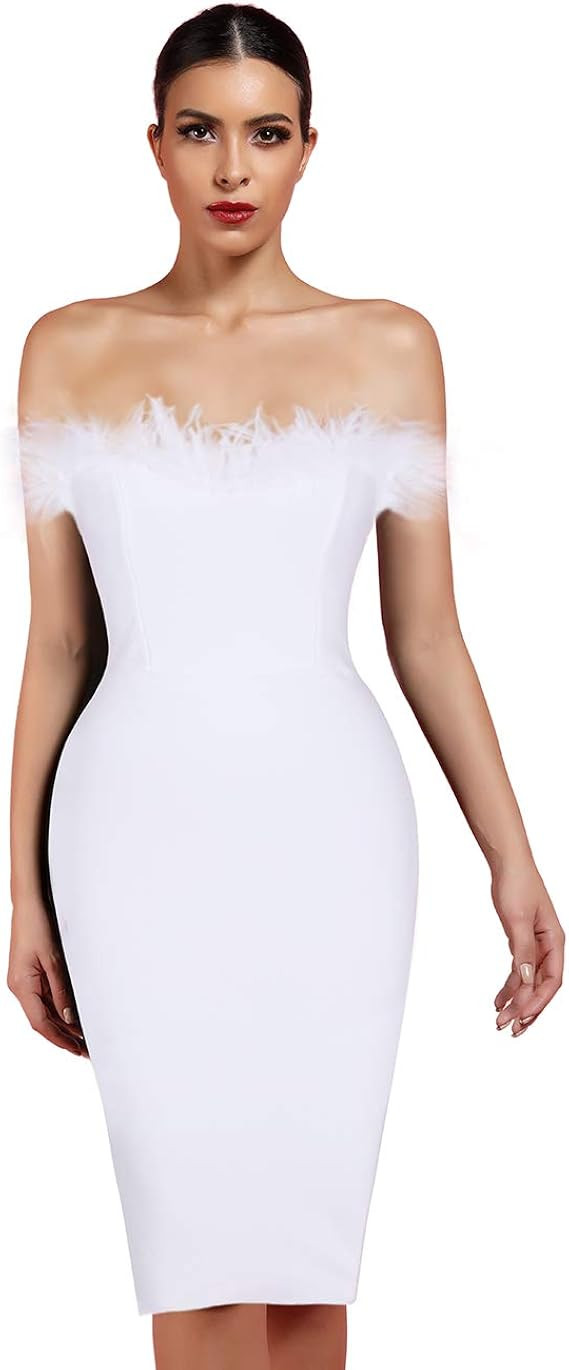 whoinshop Women's Sexy Off Shoulder Feather Bandage Evening Club Party Dress | Amazon (US)