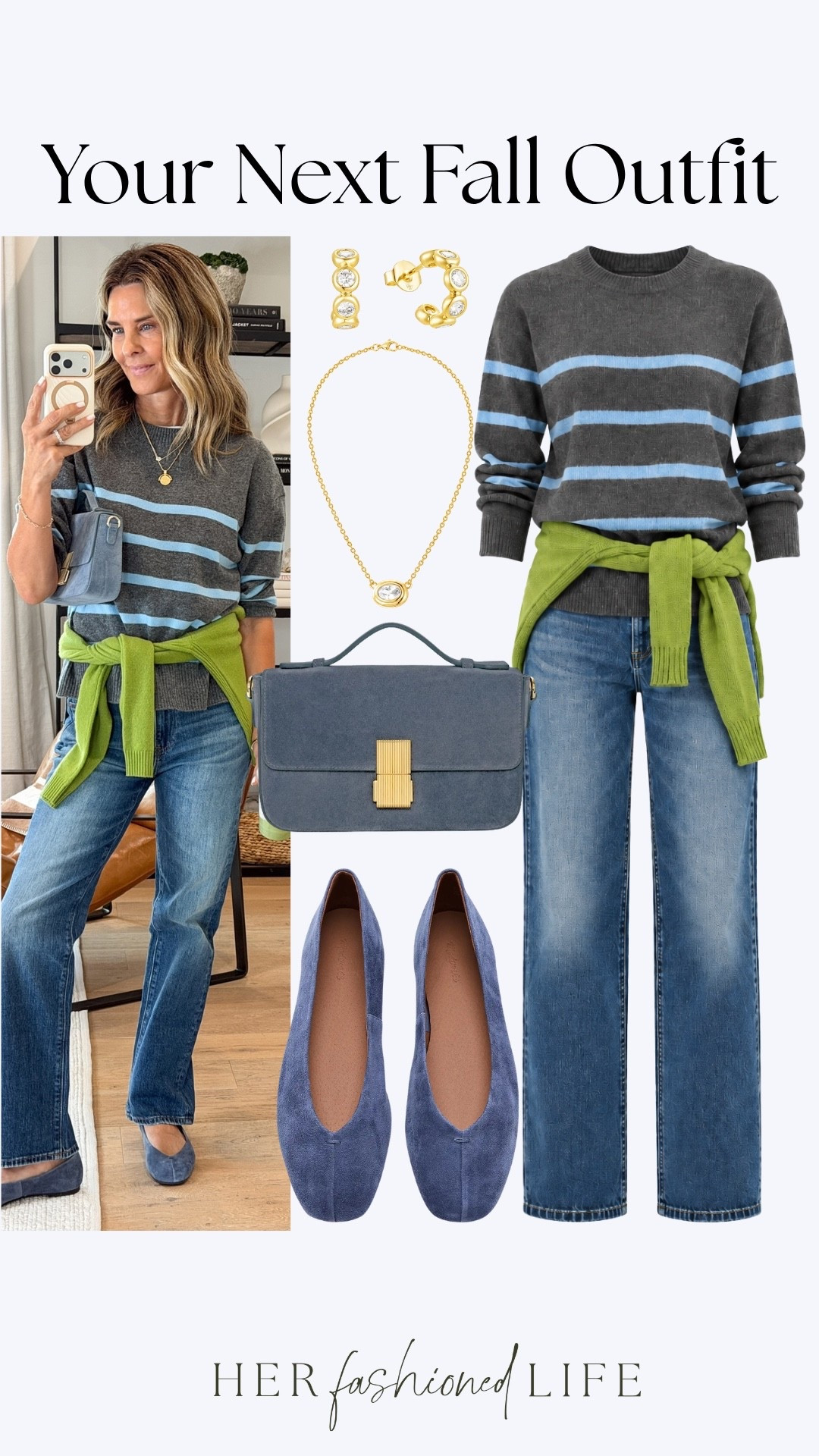 I’m 5’6
-Gray and blue striped cashmere XS @Boden (US)
-navy suede flats 6.5
-mid rise stretch denim 24
-light blue suede bag with gold hardware