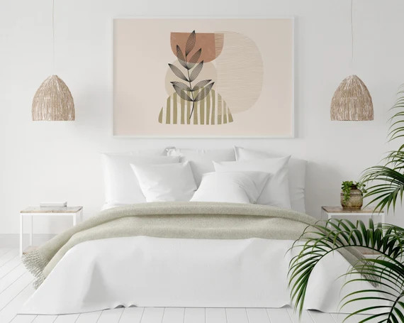 Boho horizontal wall art, boho wall decor, beige and green, mid century modern geometric, minimal... | Etsy (US)