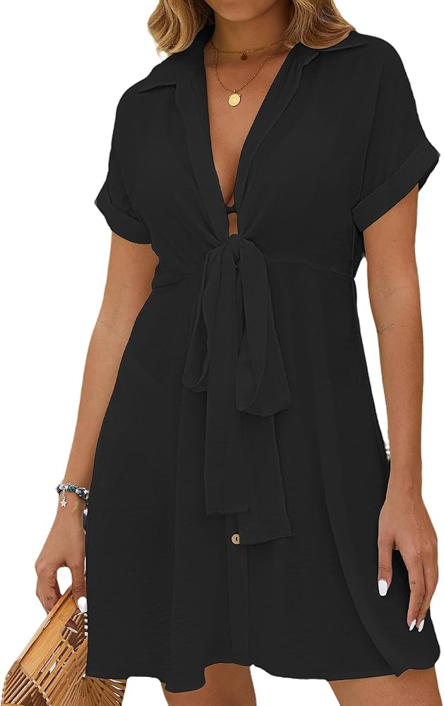 Bsubseach Womens 2026 Swimsuit Coverups Bikini Bathing Suit Cover Up Tie Front Beach Shirt Dresse... | Amazon (US)