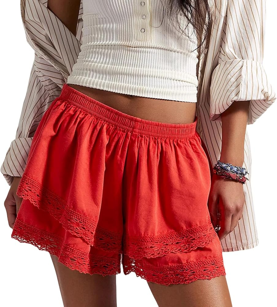 Womens Lace Trim Ruffle Hem Tiered Boho Flowy Shorts Y2k Elastic Waist Layered Summer Going Out C... | Amazon (US)
