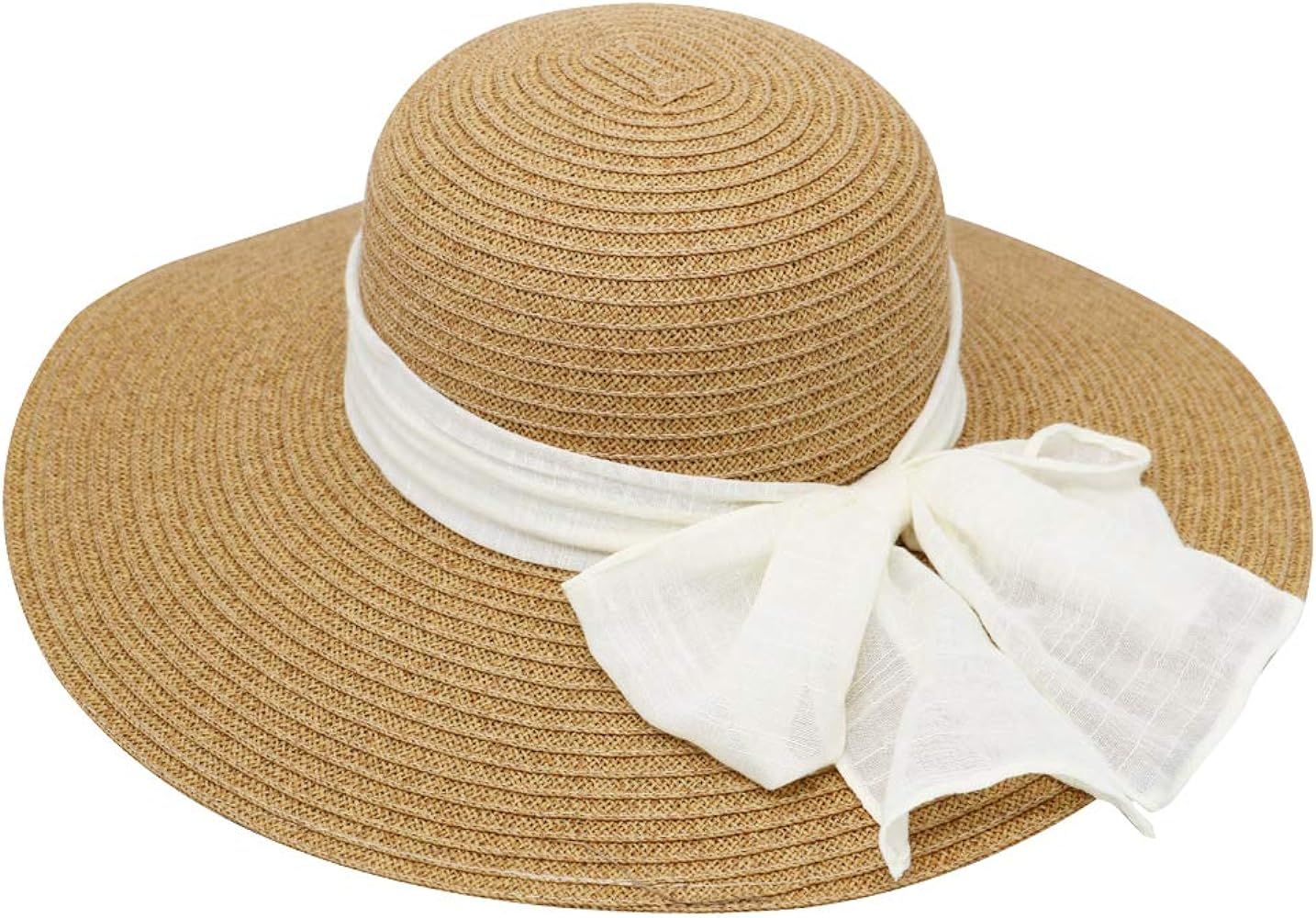 Women's Wide Brim Floppy Summer Beach Sun Hat for Ponytail w/Cute Ribbon Bow - Paper Straw, Adjus... | Amazon (US)