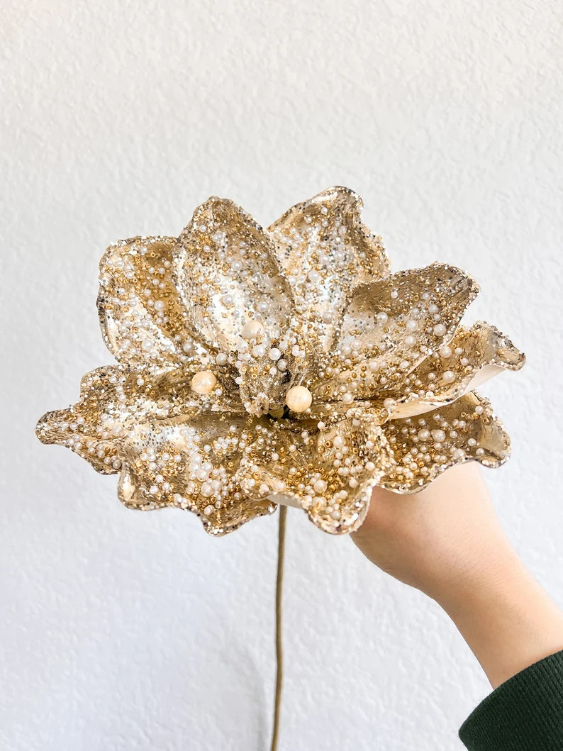 Gold Pearled Magnolia Stem, Gold Christmas Magnolia Stem, Christmas Flowers - Etsy | Etsy (US)